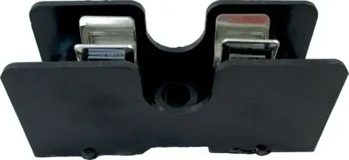 Sicherungshalter in schwarzer Farbgestaltung mit Metallklammern, geeignet für die Verwendung mit Produkten von Wolf.